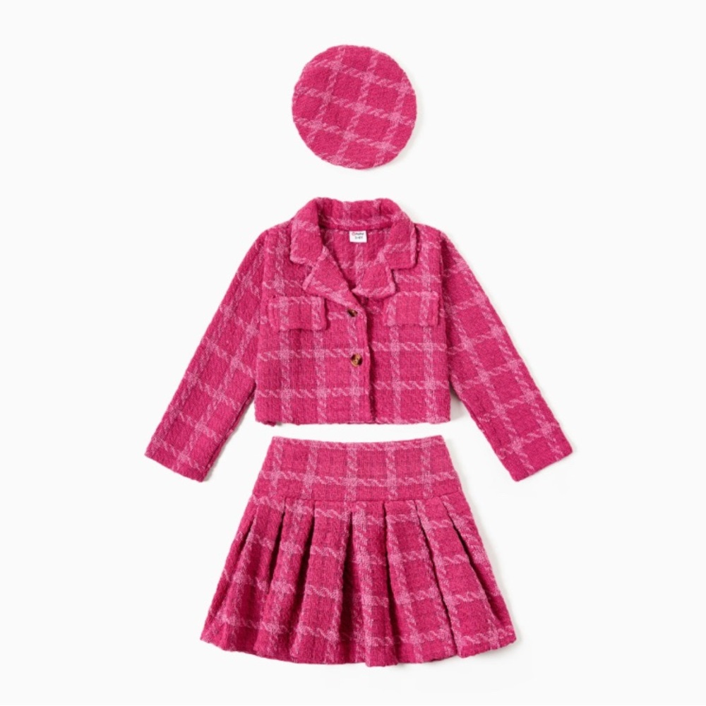 3pcsToddler Girl's Solid Color Classic Grid Houndstooth Suit Dress Set with Hat